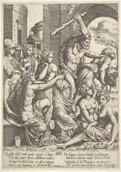 Závist nebo hrabivost vpravo vyháněna z chrámu Múz Herkulem, který ..., 1530-60.