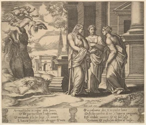Deska 15: Psyché vypráví své neštěstí svým sestrám, z Bájky o psychice, 1530-60.