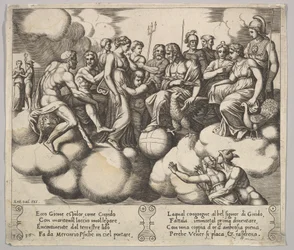 Deska 30: Venuše a Cupid prosí svůj případ v přítomnosti Jupitera a jiných bohů..., 1530-60.