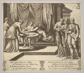 Talíř 8: Psyché sedící u stolu a obsluhovaní neviditelnými služebníky, Eros vedle g..., 1530-60.