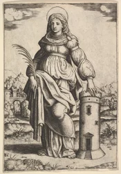 Svatá Barbora stojící, dlaň v pravé ruce, opřená levou rukou o věž, 1530-60.