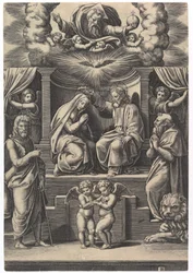 Korunovace Panny Marie, vlevo dole stojí sv. Jan Křtitel, vpravo dole ..., 1530-60.