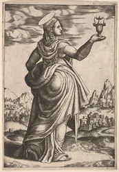 Magdalena stojící čelem doprava, sklenice držená ve zvednuté pravé ruce, 1530-60.