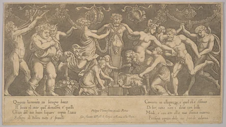 Oběť Priapovi, který je v podobě sochy uprostřed, Bakchus a sa..., 1530-60.
