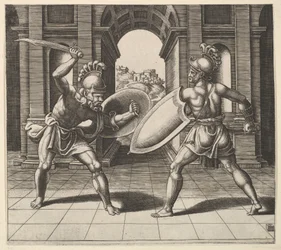 Dva gladiátoři bojující před obloukem, 1530-60.