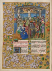 Temporale (1. část: od první neděle adventní do Bílé soboty). Ukřižování (Velký pátek). Hranice s květinovou výzdobou. Dva sloupce textu se dvěma iniciálami.