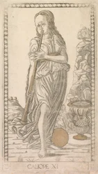 Calliope ze série Tarocchi D: Apollo and the Muses, # 11, před rokem 1467.