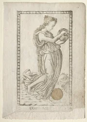Erato lyrika a milostná poezie ze série Tarocchi D..., před rokem 1467.