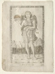 Genius of the World z Tarocchi, série B: Cosmic Principles & Virtues, #33, před rokem 1467.
