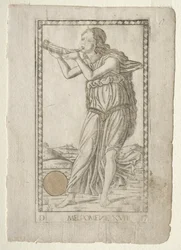 Melpomene tragédie ze série Tarocchi D: Apollo and the Muses, #17, před rokem 1467.