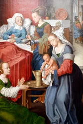 Muzeum Evora. Mistr oltářního obrazu Evora. Narození Panny. Olej na panelu. Vlámská škola 1500. Portugalsko.