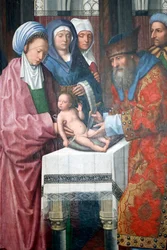 Muzeum Evora. Mistr oltářního obrazu Evora. Kristova obřízka. Olej na panelu. Vlámská škola 1500. Portugalsko.