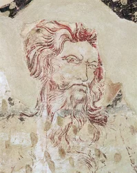 Detail svatého Onufria a scéna z jeho života (tónovaná nástěnná kresba a malba)