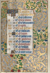 Kniha hodin Použití Rouen: fol. 1r, propracovaný foliovaný okraj, c. 1470.