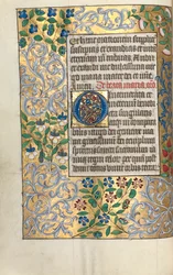 Kniha hodin Použití Rouen: fol. 22v, velká iniciála O s propracovaným okrajem, c. 1470.