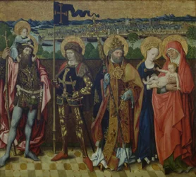 Svatá Anna, panna a dítě, sv. Kryštof, sv. Gereon a sv. Petr v krajině, zobrazující Kolín nad Rýnem a sedm vrchů, kolem 1460-80 (dub)