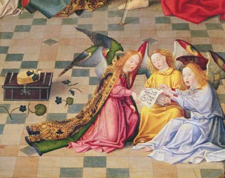 Andělští hudebníci z pravého panelu oltářního obrazu Sedmi radostí Panny, kolem 1480 (olej na dřevě) (detail 215399)