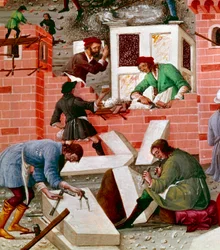 Stavba města Říma, detail. Dělníci jsou aktivní v úkolu: Macons, Stonemasons, nosiči, mramor (mramor) a cement (příprava cementu) při práci. Miniatura v „“ Romuleonu. Řím“““ napsal Benevenutus de Rambaldis (1338? -1390) a enlum