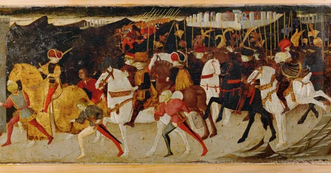 Skupina kavalírů na koních (tempera na dřevě)