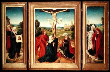 Triptych s centrálním panelem Ukřižování s Pannou Marií, sv. Janem a Marií Magdalénou; levé křídlo: sv. Veronika a světice; a pravé křídlo: Dvě Marie (olej na panelu)