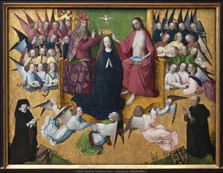 Korunovace Panny Marie. Zobrazení Nejsvětější Trojice: Bůh, Ježíš Kristus a holubice Ducha svatého. Malba Mistra Lyversberských pašijí (činný 1460-1490), rané německé umění 15. století. Mnichov, Alte