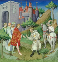 Sir John Mandeville a anglický král, frontispis z "Le Livre des Merveilles", Paříž, c. 1420 (rukopis)