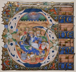Historická iniciála se Smrtí panny. Mistr Muránského graduálu. Cca 1420 (pergamen)