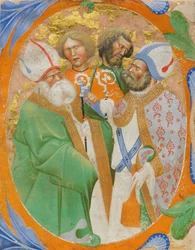 Iluminace rukopisu se čtyřmi svatými v iniciále O, ze sborové knihy, italština, 1440-50.