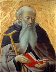 Svatý Antonín, Abbe Zastoupení svatého Antonína Velikého (250/251-356) (nebo svatého Antonína poustevníka). Malba na dřevě Mistra Observance (činný kolem 1425-1450) Sun. 0,73x0,59 m