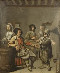 Chlapec nalévá sklenku vína pro venkovana, cca 1650 (olej na plátně)