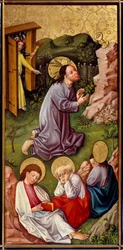 Kristus v Olivové zahradě Malba na dřevě od mistra Horního Rýna (15. století) 1460 Lyon, Musee des Beaux Arts