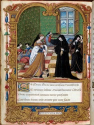Margarita Angoulema (1492-1549) Navarrská královna představuje svou knihu vévodkyni z Etampes a oblíbenkyni Francoise I. Anne Pisseleu Page převzaté z rukopisu „“ La coche ou Debat d
