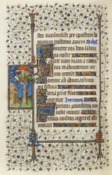 Ms 62 f.132v Okřídlená postava v koruně stromu s knihou probodnutou mečem, z „Hodin Ducha svatého“ od Guillauma de Deguilleville z roku 1350, 1417 (inkoust a list zlata na pergamenu)