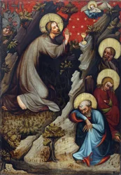 Agonie dans le jardin des Oliviers - Kristus na Olivetské hoře - Mistr z Wittingau (Mistr třeboňského oltáře) (aktivní cca 1380-1390). Tempera na panelu, cca 1380. Národní galerie, Praha