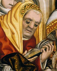 Kněz nosí brýle, detail z Obřízky Krista