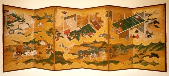 Tales Of Genji, cca 1650 (inkoust, barva a list zlata na papíře, šestinásobná obrazovka)