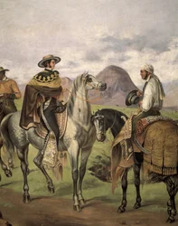 Charros““ (mexičtí jezdci) oblečeni v luxusním oblečení. Dílo Mateo Saldana (1875-1951), 20. století. Kostombrismus. Olej na plátně
