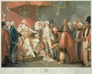 Jeho Veličenstvo a státní důstojníci přijímající tureckého velvyslance a oblek, ryl Daniel Orme (1767-s.1832), pub. Edward Orme, 1797 (tehovaná rytina)