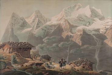 Jungfrau, Münch, Eiger Wengernalpista vuodelta 1822 (akvarelli)
