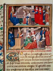 Zastoupení koncilu v Clermontu v roce 1095, kterému předsedal papež Urbain II. (1042-1099) hlásající první křížovou výpravu. Miniatura převzatá z rukopisu „Speculum historiale“ (Le Mirror historial) od Vincenta de Beauvais (1184/94-1264) osvíceného