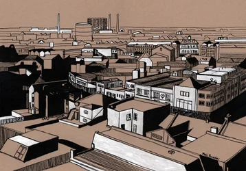 Pohled na Croydon, 2016 (akrylová tuš na desce)