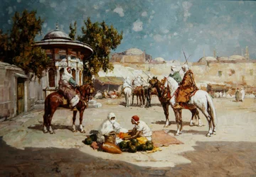 Arabští válečníci na náměstí, kolem roku 1910 (olej na panelu)