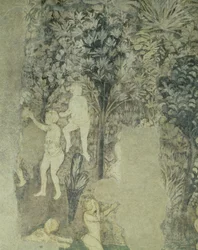 Detail mužů koupajících se z dekorativního schématu v Síni papežů, 1437 freska