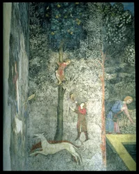 Lovečtí psi a muži lezoucí na strom, detail dekorativního schématu z fresky La Chambre du Cerf Stag Room 1347