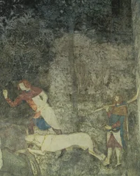Muži loví se psy, detail dekorativního schématu z fresky La Chambre du Cerf Stag Room 1347