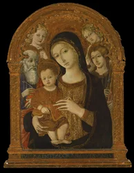Panna a dítě mezi svatými Janem Evangelistou, Jakubem a dvěma anděly, kolem 1480-1490 (tempera a olej na panelu)