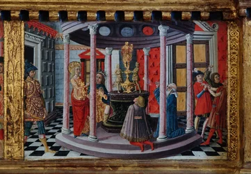 Madona s dítětem se svatými Jakubem, Augustinem, Bernardinem a Markétou, první desetiletí 14. století (tempera na desce)