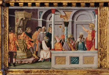Madona s dítětem se svatými Jakubem, Augustinem, Bernardinem a Markétou, první desetiletí 14. století (tempera na desce)