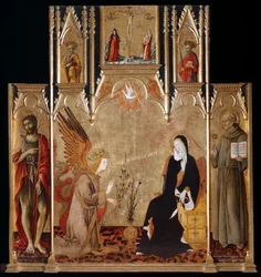 Zvěstování se svatým Janem Křtitelem a Bernardinem da Siena. Ukřižování. Svatí Petr a Pavel, mezi 1455 a 1464