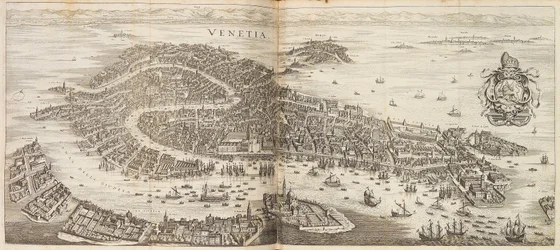 Panorama Benátek. Z Newe Archontologia cosmica od Johanna Ludwiga Gottfrieda, 1646.